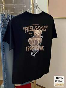 Women's Plus Size Custom Cartoon Teddy Bear Print Mid-Length Short-Sleeve T-Shirt, Loose Fit And Slimming Design, Casual Style, White, Summer Vintage Urban Style, Loose Cotton, Round Neck And Short Sleeve. - 黑色 - 查看 1