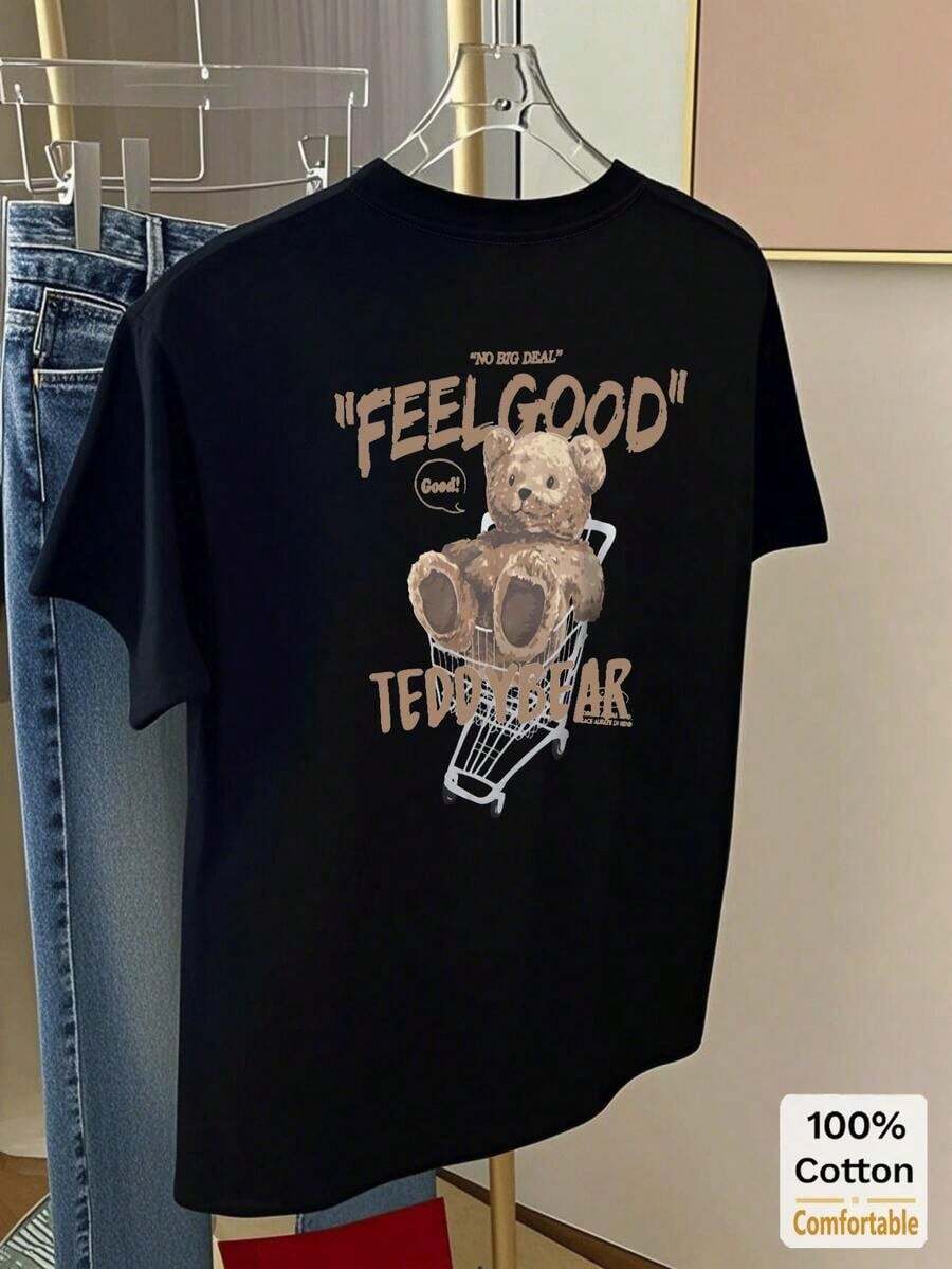 Women's Plus Size Custom Cartoon Teddy Bear Print Mid-Length Short-Sleeve T-Shirt, Loose Fit And Slimming Design, Casual Style, White, Summer Vintage Urban Style, Loose Cotton, Round Neck And Short Sleeve. - 黑色 - 查看 1