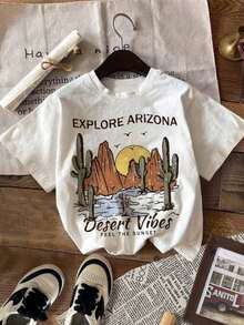 Camiseta de manga corta con cuello redondo y estampado de paisaje de montaña retro pintado a mano para mujer Blusas Bonito 100% Cotton - Blanco - Ver 1