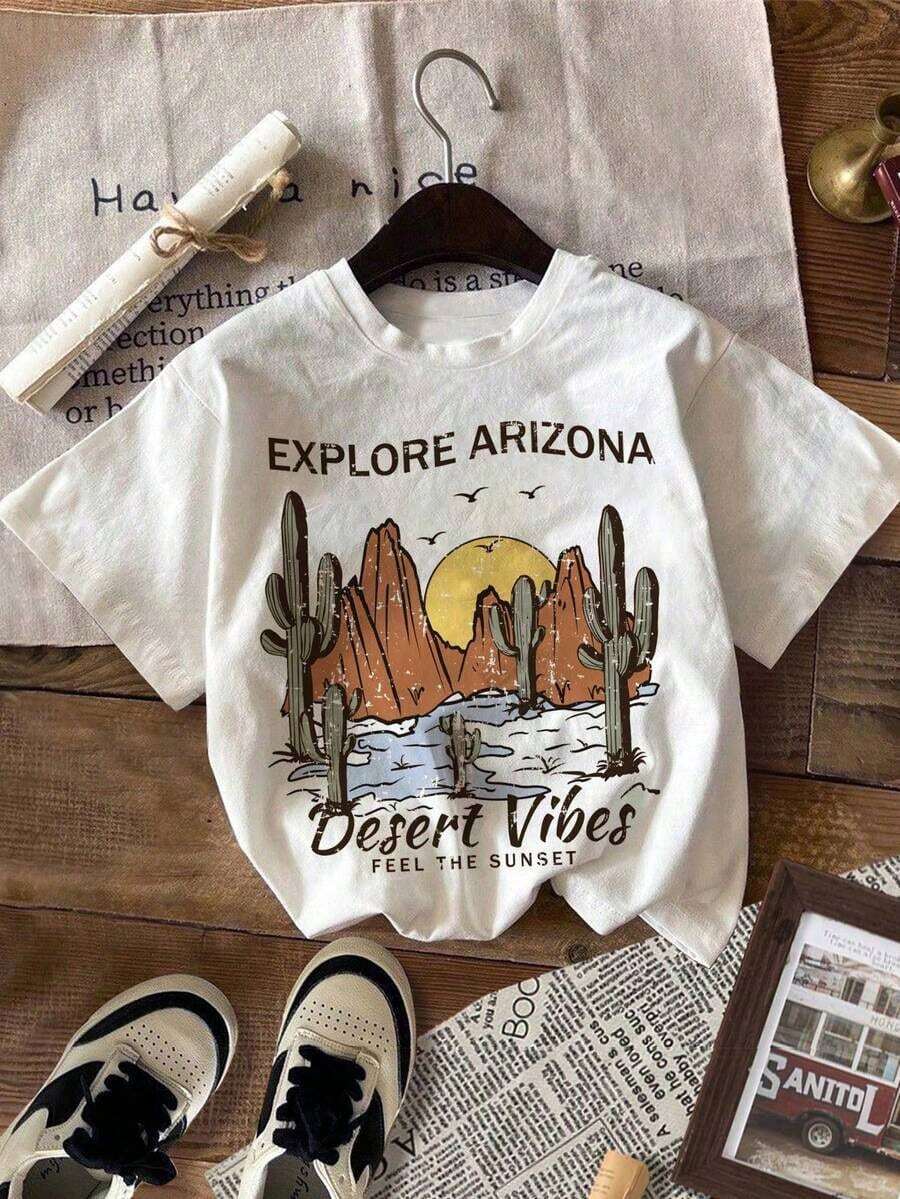 Camiseta de manga corta con cuello redondo y estampado de paisaje de montaña retro pintado a mano para mujer Blusas Bonito 100% Cotton - Blanco - Ver 1