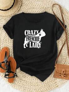 Camiseta Minimalista Blanca de Manga Corta con Estampado Gráfico de una Perra Francesa Loca, Ropa Casual Diaria para Mujer, Estilo Urbano, Camiseta Sencilla de Color Sólido para Mujer, Corte - Negro - Ver 3
