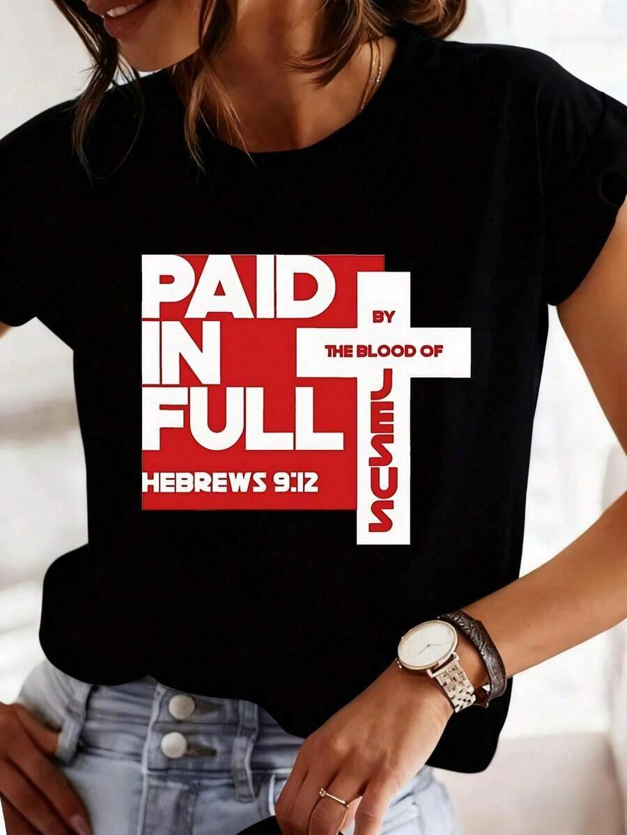 Minimalist Black T-Shirt With Christian Print "Paid In Full By The Blood Of Christ Hebrews 9:12" For Women, Religious T-Shirt With Cross And Bible Verse. Women's Simple Solid Color T-Shirt, Loose And Slim Fit Casual Short Sleeve - 黑色 - 查看 1