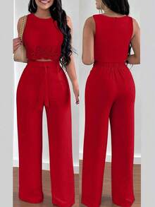 Set de 2 piezas para mujer con top corto elegante con diseño calado y ata y pantalón recto para vacaciones - Rojo - Ver 1