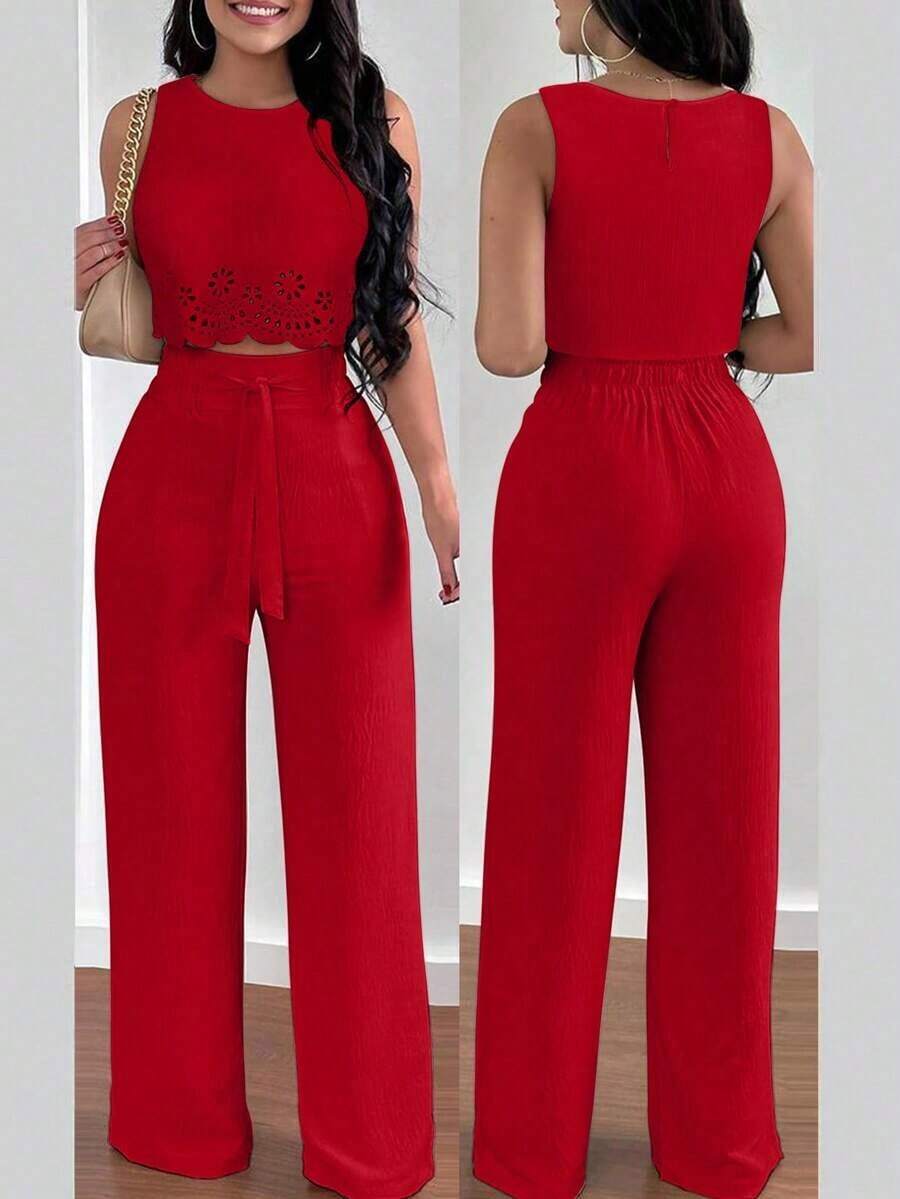 Set de 2 piezas para mujer con top corto elegante con diseño calado y ata y pantalón recto para vacaciones - Rojo - Ver 1