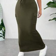 Plus Size Women's Casual High Waist Belted White Cargo Midi Skirt - Café integral - Ver 7