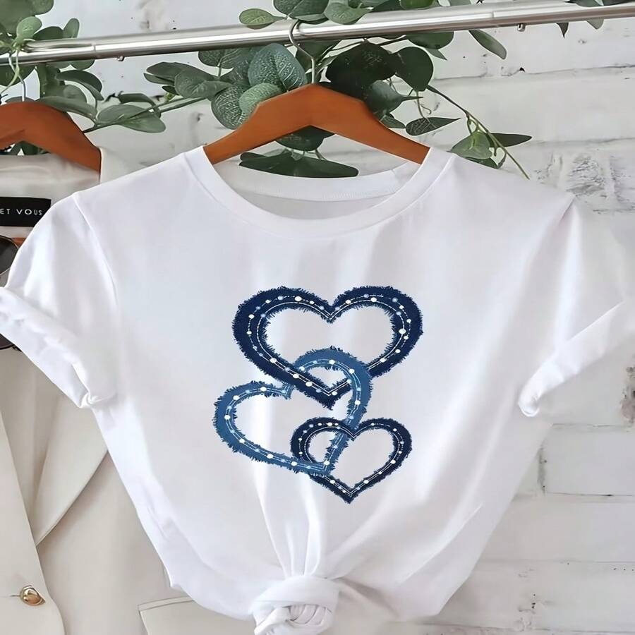 Women's Casual Cotton Round Neck Short Sleeve T-Shirt With Denim Heart Graphic, Elegant & Stylish Top For Everyday Wear - 白色 - 查看 1