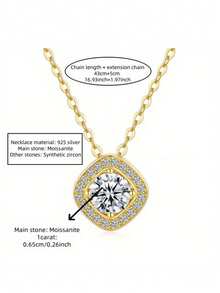 ConiiW A Classic Square-Shaped, Stylish Unisex Necklace Made Of 925 Sterling Silver And 1 Carat Moissanite, Perfect For Vacations, Parties, Or As A Gift. - Gold - View 8