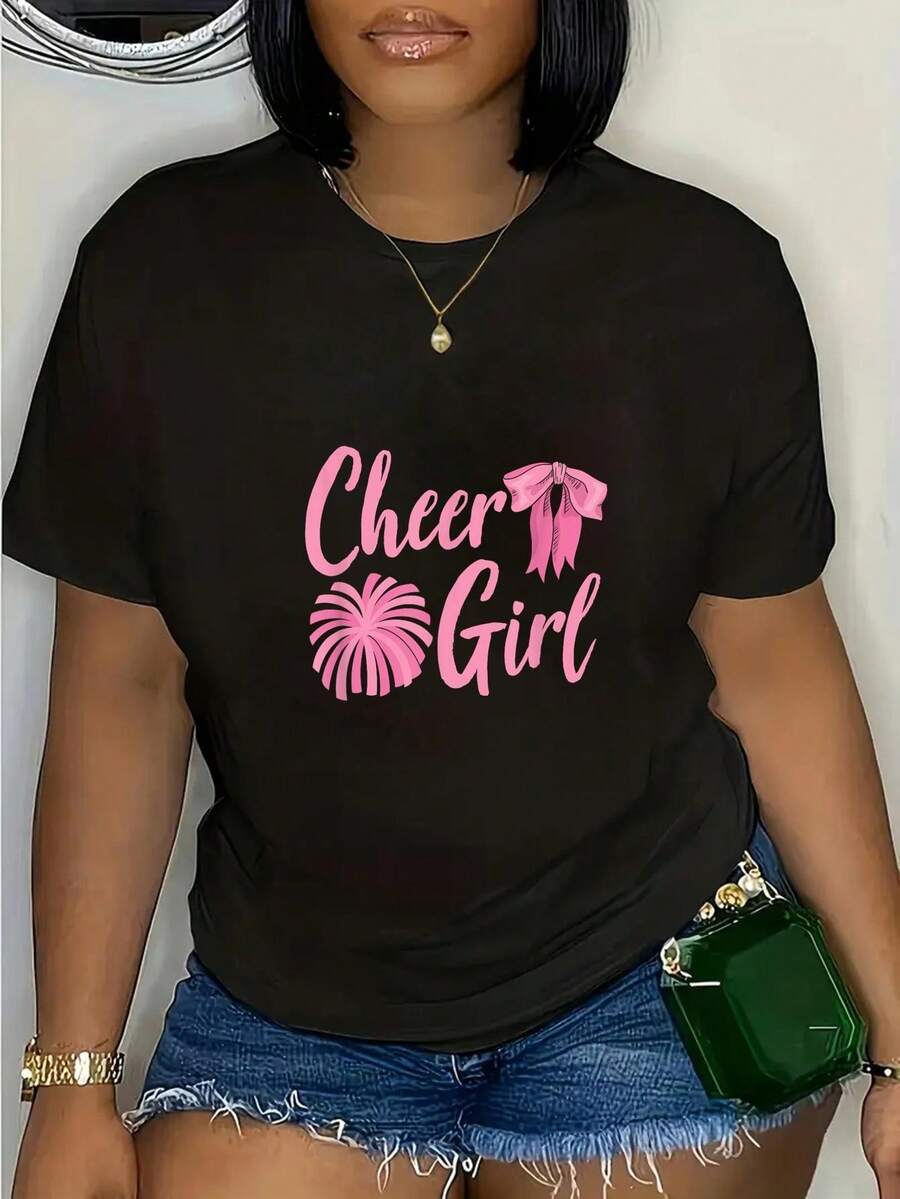 Camiseta negra para cheerleaders - Presenta un gráfico de fuegos artificiales rosa, estilo casual cómodo, mangas cortas, ideal para días de juego o eventos de celebración, excelente regalo para cheerleaders - Negro - Ver 1