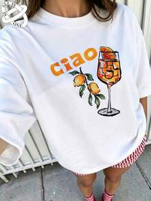 ALL IS ONE 100% Algodón Puro Playera para Mujer con Estampado "Ciao" Naranja y Cóctel, Calidad Premium, Transpirable y Suave al Tacto - Blanco - Ver 3