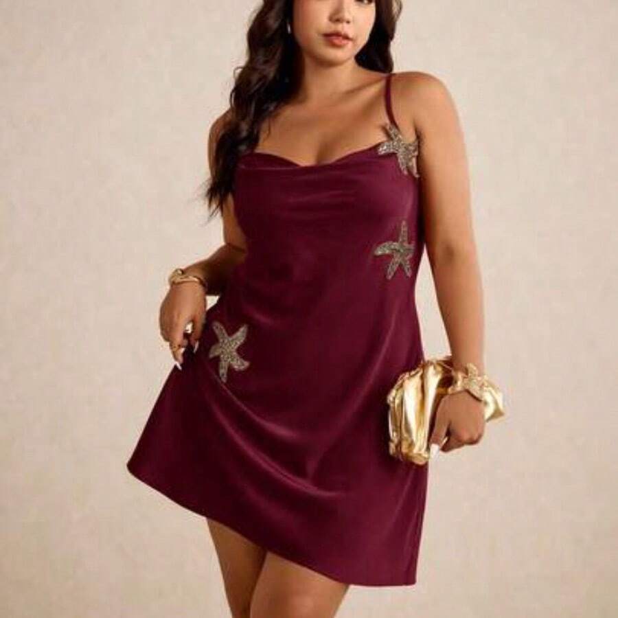 Elaquor Plus Size Women Elegant Starfish Decor Spaghetti Strap Flowy Dress,Summer Dresses For Women - Rojo violeta - Ver 1