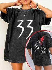 Camiseta de moda para mujer con estampado creativo de anime de estilo retro urbano, camiseta de mujer de alta calidad con efecto lavado, top vintage con aspecto desgastado, manga corta de cuello redondo y corte holgado, suave, cómoda y transpirable, ropa de mujer a la moda, exclusiva de Tingge. - Negro - Ver 1