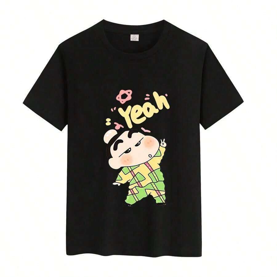 Short-Sleeved Cotton T-Shirt For Boys And Girls With Cartoon Print, Summer T-Shirt For Children, Fashionable T-Shirt For Babies And Children, 100% Cotton. - 黑色 4 - 查看 1