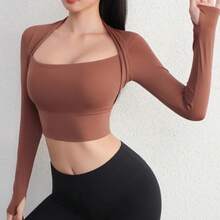 Cloud Hide Camiseta de Yoga para Mujer, Manga Larga, Top Corto, Blusa Deportiva para Gimnasio, Camiseta de Fitness, Ropa Deportiva para Entrenamiento, Ropa de Otoño Invierno - Negro simple - Ver 4