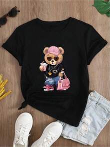 YOCASA Camiseta informal de verano para mujer, de cuello redondo, ajustada y manga corta, con estampado de pintura al óleo, floral, de corazones, de cerezas y de letras. Tejido informal sencillo, estilo deportivo, ideal para el día a día y para una cita de San Valentín..1 pcs,180g Pure Heavy,95%Polyester 5%Spandex - Negro - Ver 2