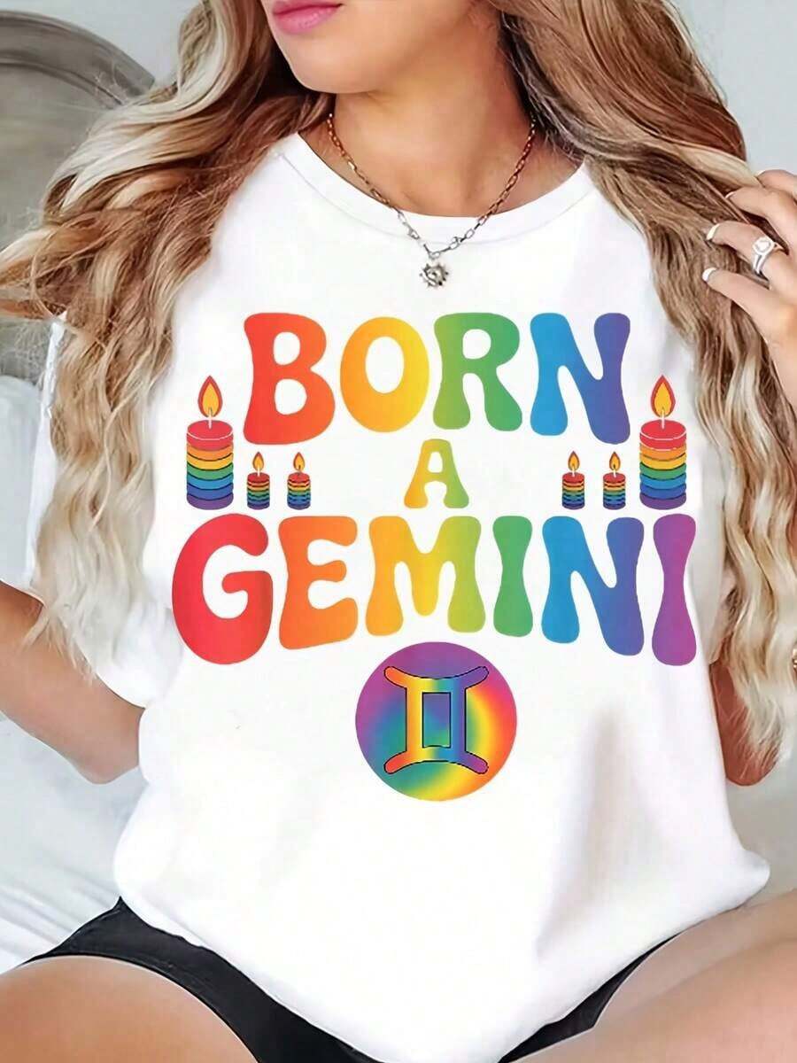 Unisex T-Shirt With Rainbow And Candle Print "Born Gemini", Crew Neck, For Zodiac Sign Lovers, Casual Party Wear, Gift Idea For Birthday Celebrations, Four Seasons Style, Comfortable Everyday Wear, Perfect Gift For Family And Friends, 220g - 白色 - 查看 1