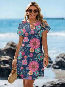 Vestido corto minimalista casual con cuello en V, adecuado para primavera y verano, ropa de verano para mujer, a rayas de colores, ropa de resort para mujer - Multicolor 9 - Ver 3