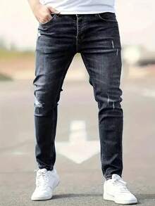 Plus Size Men's Fashionable Distressed Stretch Denim Jeans - Light Grey - View 1