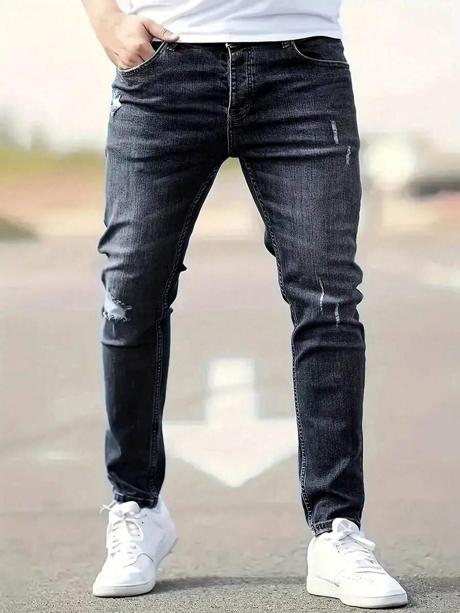 Plus Size Men's Fashionable Distressed Stretch Denim Jeans - Light Grey - View 1