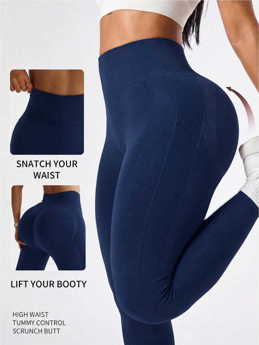 Legging taille haute levant les fesses pour femmes, sans couture, push-up, ligne de sourire contour, pantalon de yoga résistant aux squats, contrôle du ventre, collants de compression pour le sport et la course (plusieurs couleurs), vêtements de sport pour femmes - bleu indigo - Voir 1