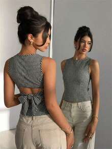 Blusa sin mangas con cuello redondo y lazo en la espalda, para uso casual y de oficina, en color negro con lunares rosas y marrones - Blanco y Negro - Ver 7