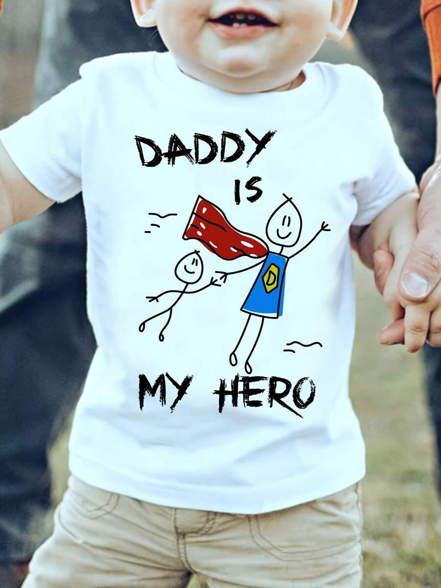 1 camiseta con estampado de dibujos animados que dice 'PAPÁ ES MI HÉROE', linda y cómoda, perfecta para uso diario al aire libre, 180g, 100% algodón. - Blanco - Ver 1