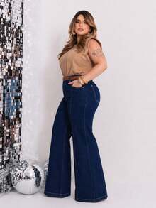 PLUS SIZE WIDE LEG PREMIUM PANTS - Blue - View 2