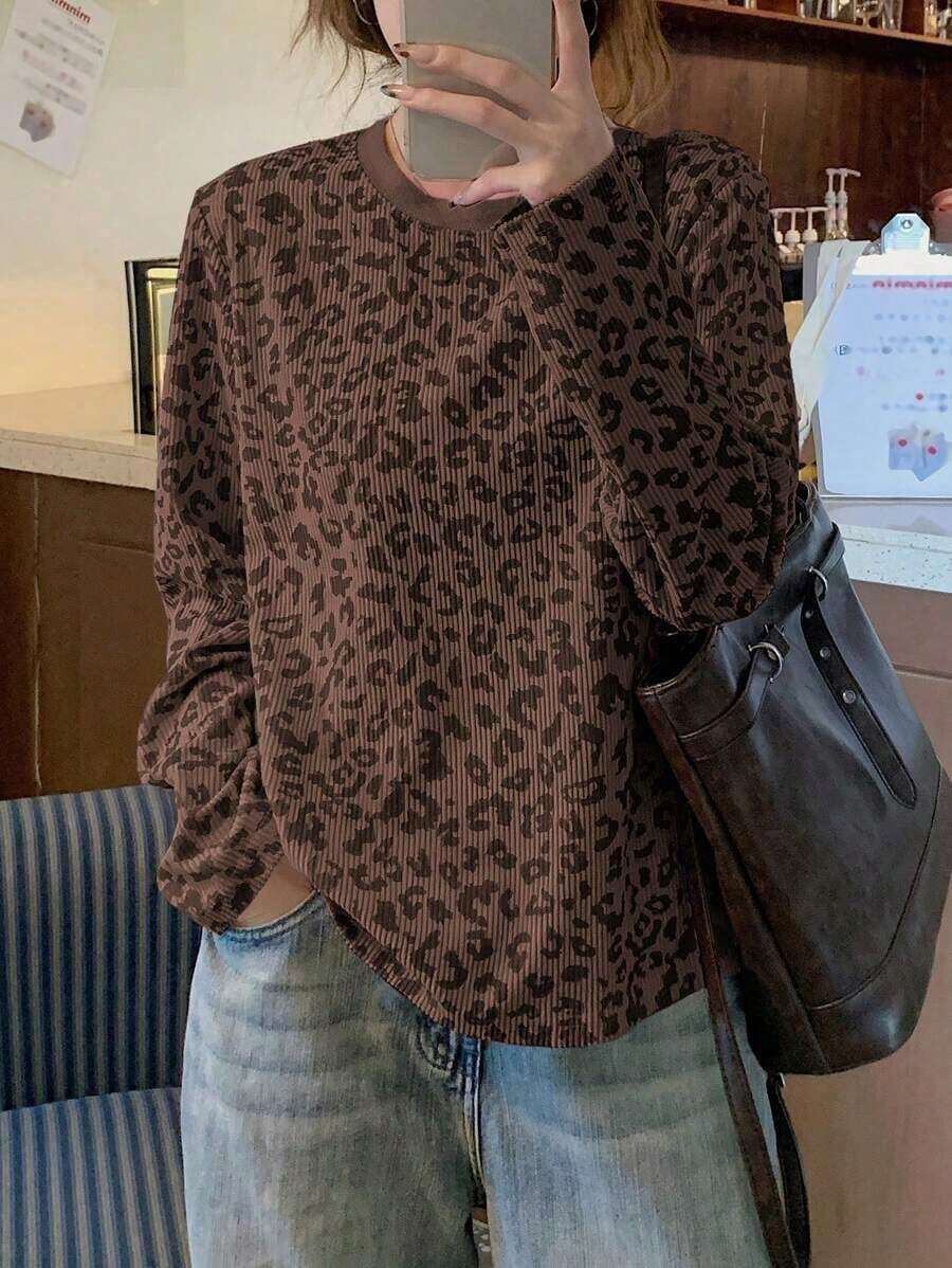 Camiseta de manga corta holgada de cuello redondo con estampado de leopardo casual para mujer, blusas de manga larga para mujer de otoño, ropa de mujer de otoño - Café integral - Ver 1