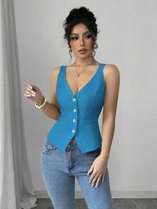 Camiseta sin mangas de un solo pecho de unicolor casual para mujer - Azul 2 - Ver 5
