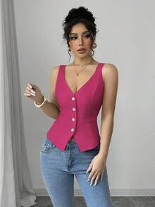 Camiseta sin mangas de un solo pecho de unicolor casual para mujer - Rosa Fucsia - Ver 3