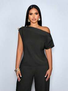 Blusa elegante de un solo hombro con botones metálicos, sin mangas, de unicolor, para uso en la oficina, citas, eventos y uso diario modesto - Negro - Ver 6