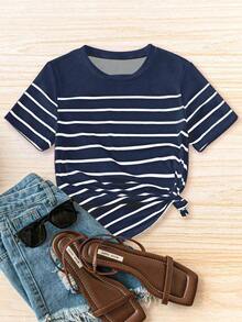 PariChic Camiseta casual de mujer a rayas, camisetas gráficas versátiles para mujer - Azul marino - Ver 6