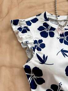Camiseta casual de mujer con cuello redondo, mangas de volantes y estampado floral, blusas florales para mujer, blusas con mangas de volantes, para salir, blusas de manga corta lindas - Azul y blanco - Ver 5