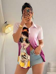 Blusa de mujer con estampado de chica de moda, manga corta y abotonadura, top de manga corta - Multicolor 2 - Ver 5