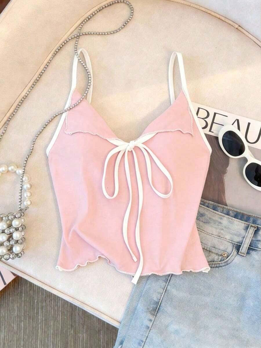 Top de tirantes con lazo y ribete de lechuga en contraste, elegante y ajustado, top para salir para mujeres, apto para el estilo del milenio - Rosa - Ver 1