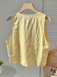 Camisa casual de mujer con nudo delantero y estampado de cerezas para vacaciones - Amarillo - Ver 2