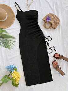 Vestido de mujer con textura de gofre tejido, diseño ajustado con abertura y cordón, adecuado para fiesta, cita, sexy, té de la tarde, playa, verano, festival de música, temporada de bodas - Negro - Ver 8