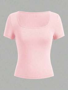 Blusa corta con cuello en V profundo y manga corta, estilo sexy Y2K para mujer, de tela elástica negra, adecuada para discoteca, fiesta, festival de música y estilo casual de calle en verano - Rosa - Ver 2
