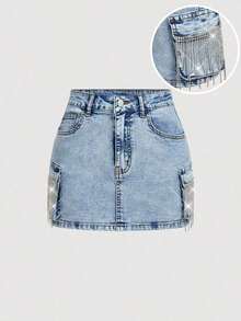 Minifalda casual cargo de mezclilla lavada para mujer - Azul 2 - Ver 1