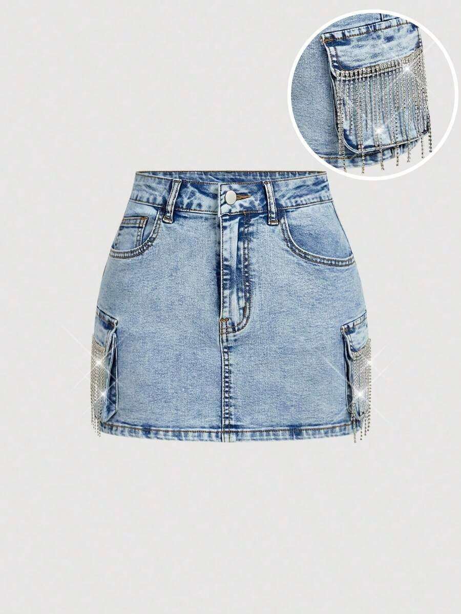 Minifalda casual cargo de mezclilla lavada para mujer - Azul 2 - Ver 1