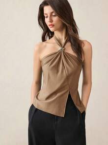Top con cuello de halter, diseño de botón de metal verde, abertura lateral, elegante y chic para uso urbano y diario, estilo romántico retro de los 90.Adecuado para Navidad, Año Nuevo, San Valentín, fiestas, playa, graduación, moda, carnaval, bod - Marrón 3 - Ver 1