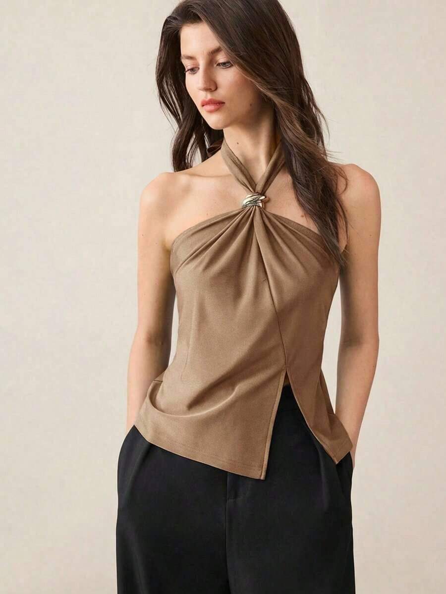 Top con cuello de halter, diseño de botón de metal verde, abertura lateral, elegante y chic para uso urbano y diario, estilo romántico retro de los 90.Adecuado para Navidad, Año Nuevo, San Valentín, fiestas, playa, graduación, moda, carnaval, bod - Marrón 3 - Ver 1