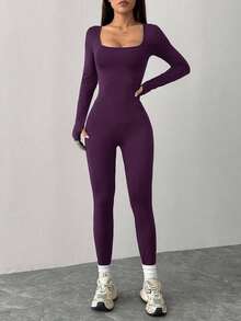 PETITE Mono Negro de Punto con Cuello Cuadrado, Ajustado, Casual, Deportivo, para Yoga, Ropa de Otoño para Mujer - Óxido marrón - Ver 10