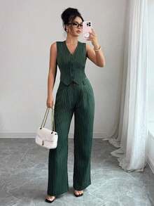 Unity Conjunto de top sin mangas con botones frontales a rayas y pantalones largos para mujer - Verde Oscuro - Ver 6