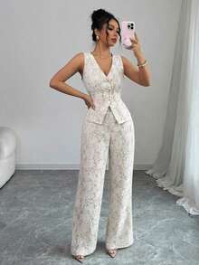 Elenzya Nuevo traje de encaje casual y elegante para mujer, con contraste de color de encaje y botones de perla, adecuado para el Día de San Valentín, Halloween, vuelta al colegio, primavera/verano, traje de oficina profesional, atuendo de maestra, trayecto, ocio, vacaciones - Beis - Ver 7