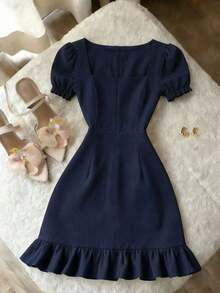 Vestido casual de línea A de manga corta con cuello cuadrado y perlas para mujer, de unicolor elegante, adecuado para invitados, banquetes, cumpleaños, fiestas, verano y otoño, citas, ir al trabajo, estilo callejero, azul - Azul marino - Ver 7
