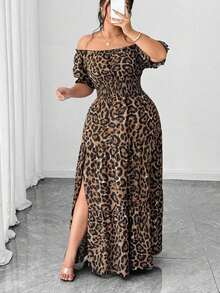 Vestido casual elegante de talla grande para mujer de primavera/verano, en azul sólido de aspecto de mezclilla con cintura fruncida y con abertura lateral - Marrón - Ver 7