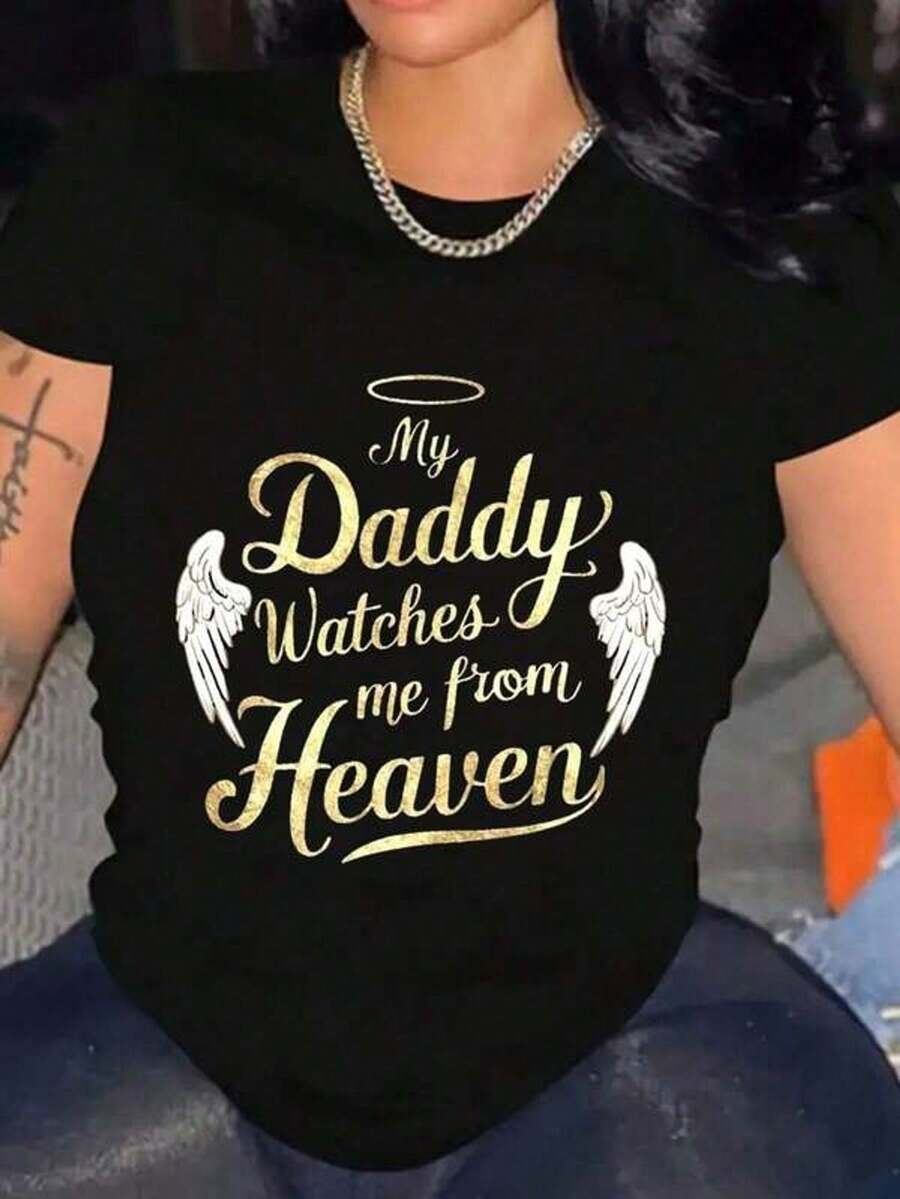 1 Piece Women's T-Shirt With Graphic Print "Daddy Heaven Letters", Casual Cotton, Short Sleeve, Breathable, 180g, 100% Cotton - 黑色 - 查看 1