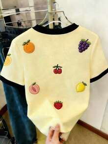 Camiseta de manga corta de cuello redondo con ribete a rayas, casual de verano para mujer - Multicolor 6 - Ver 2