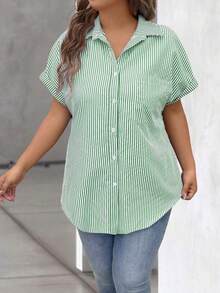 Vionelle Blusa casual de talla grande para mujer con estampado de rayas azul y blanco, de manga corta y abotonada, para el verano - verde menta - Ver 5