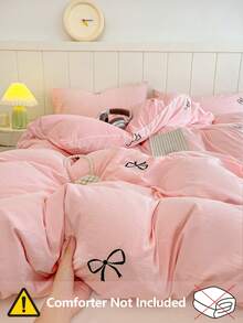 3pcs Embroidered Bowknot Solid Color Bedding Set, Cute & Fresh Pattern, 100% Polyester Material. Set Includes: 1 Duvet Cover With 4 Corner Ties & Zipper, 2 Pillowcases. Suitable For Wedding/Bedroom/Dorm/Travel - Pink - View 3